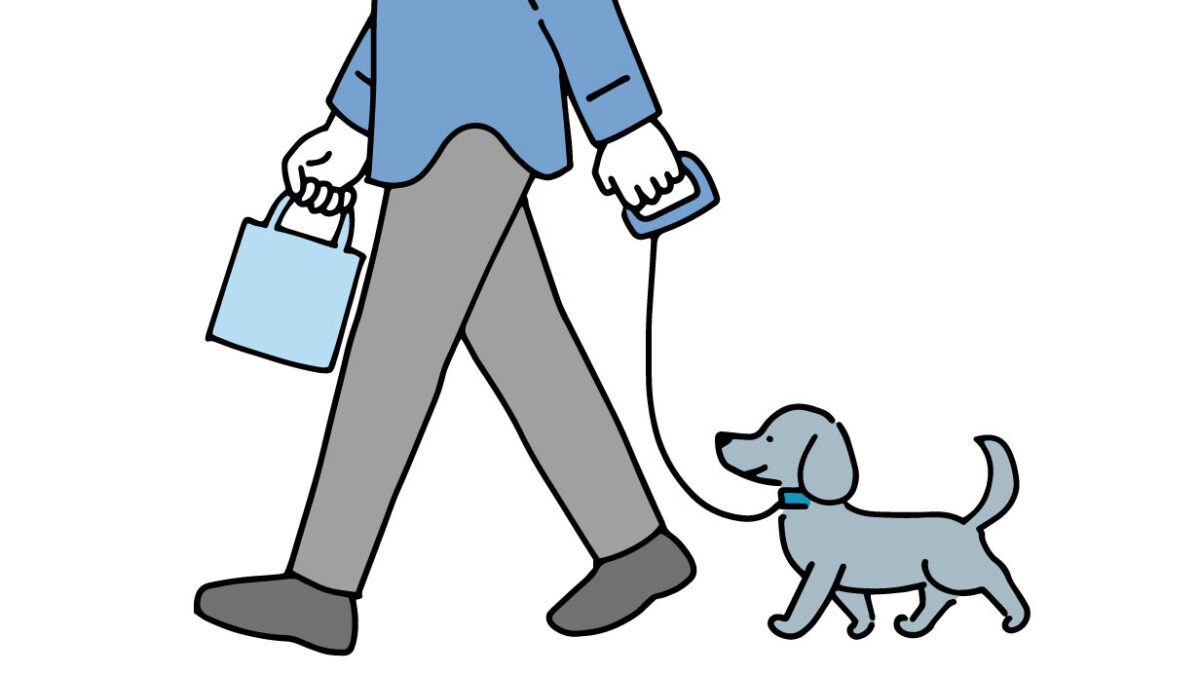 ペットとの散歩でトートバッグを持つ人のイラスト