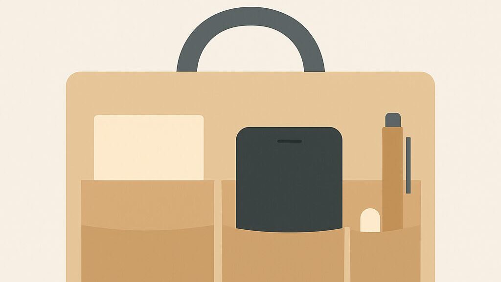 バッグインバッグのフラットイラスト：小物を整理できる収納ケースのイメージ