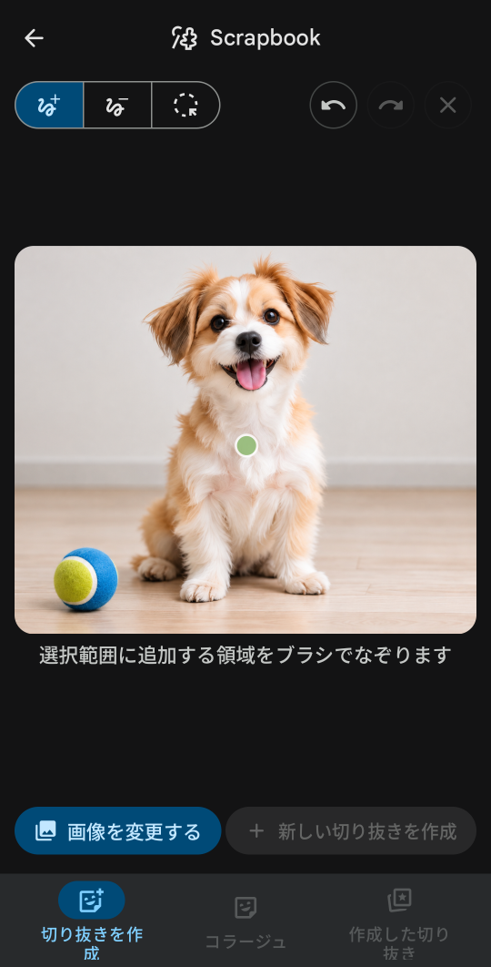 画像を読み込み、犬の胸のあたりに緑の選択点が表示された編集画面
